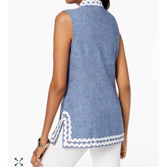 Charter Club 100% Linen Light Chambray Sleeveless Embroidered Tunic Top Size P/S - Picture 2 of 10